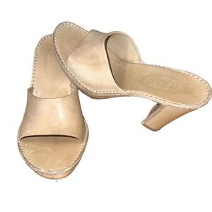 TODS Chunky Heel Slide Sandals Tan Leather Dress Shoe Women's Size 8